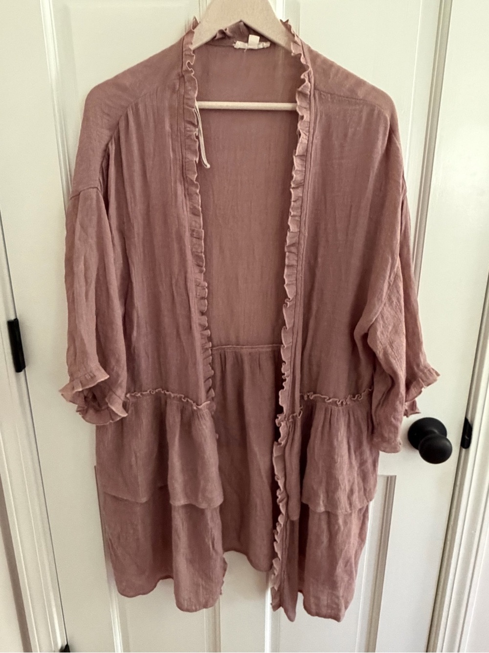 Easel 100% Tencel Ruffle Open Front Kimono Cardigan Duster Boho Dusty Rose. L